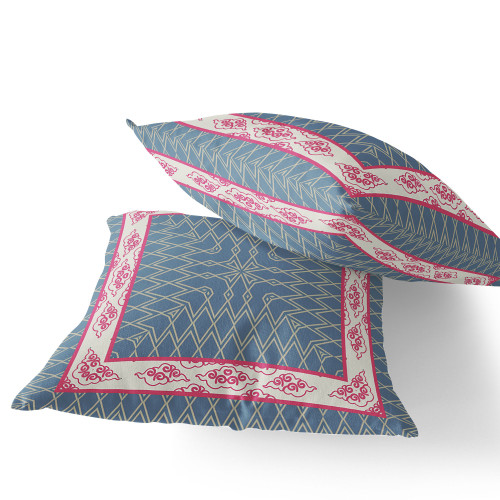 Set of Two Pink And Blue Geometric Indoor Outdoor Throw Pillow