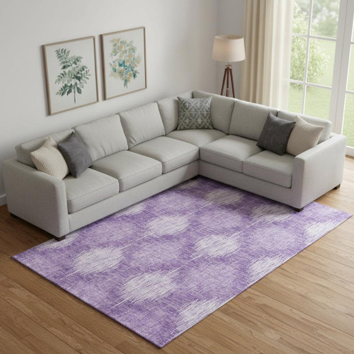 10' X 14' Plum And Ivory Ikat Washable Area Rug With UV Protection