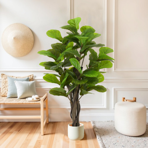 30" Green Artificial Fiddle Leaf In Cylindrical Black Pot