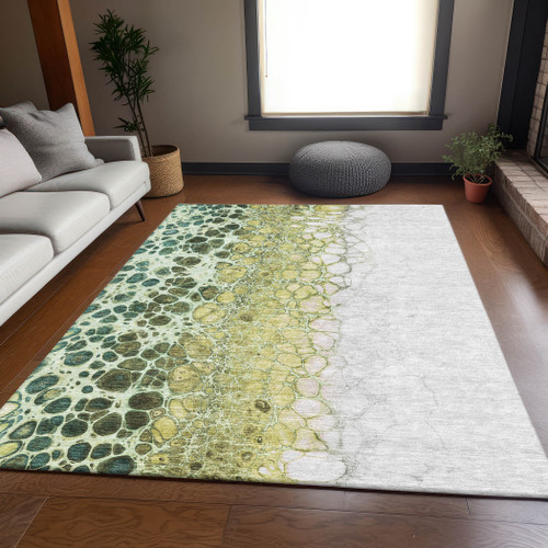5' X 8' Olive Green Gold And Ivory Abstract Washable Area Rug With UV Protection