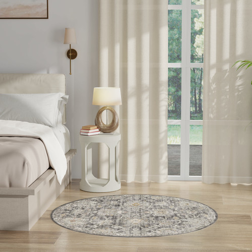 4' Gray Ivory And Black Floral Distressed Round Rug