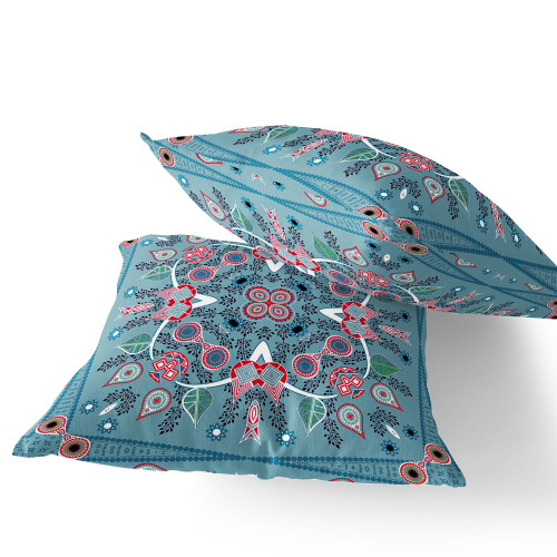 Set of Two Blue Red And White Botanical Indoor Outdoor Throw Pillow