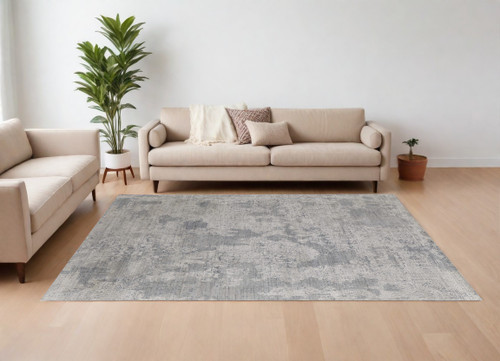 10' X 14' Gray and Silver Abstract Hand Woven Worn Faded Area Rug