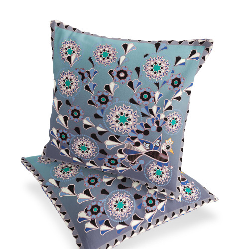 Set of Two Purple Blue And Gray Peacock Floral Indoor Outdoor Throw Pillow
