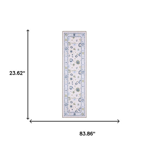 7' White And Blue Oriental Washable Runner Rug