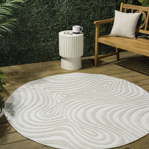 9' Cream And Ivory Round Abstract Indoor Outdoor Area Rug
