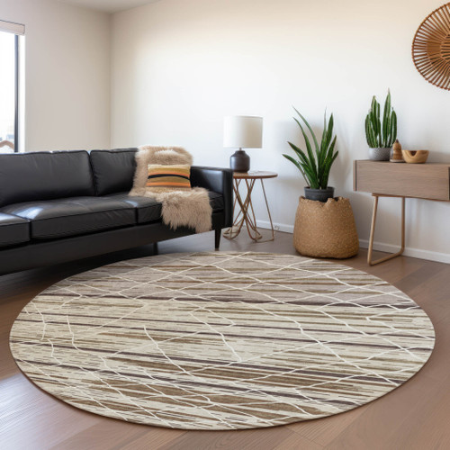 8' Beige Ivory And Brown Striped Washable Round Rug With UV Protection
