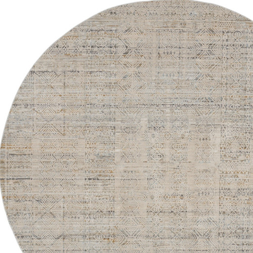 8' Ivory Brown And Gray Geometric Distressed Round Rug With Fringe