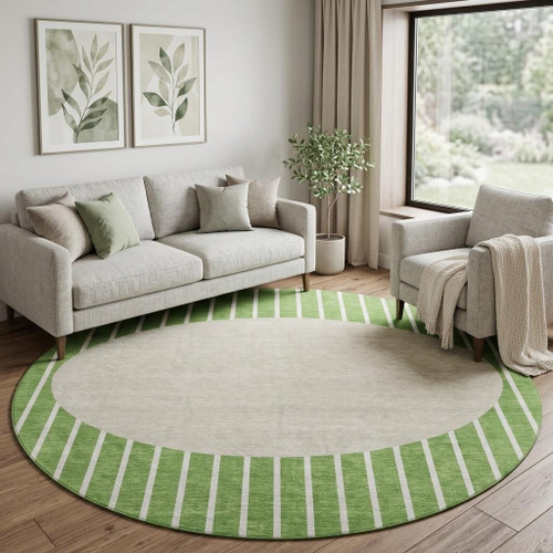 8' Green Ivory And Beige Striped Washable Round Rug With UV Protection