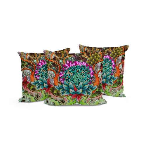 Set of Three Green Pink And Blue Sunflower Indoor Outdoor Throw Pillow
