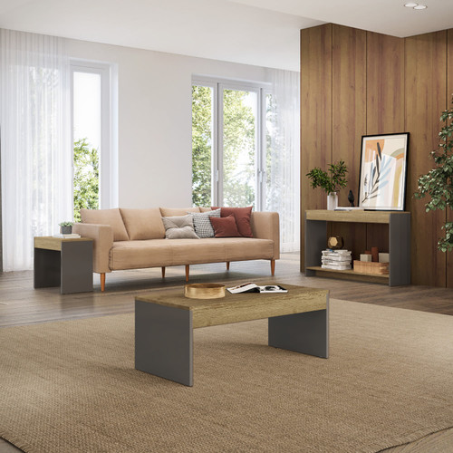 Set of Three Natural and Taupe Wood Solid Coffee Table