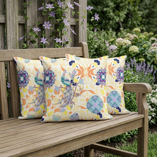 Set of Three Off White And Orange Peacock Indoor Outdoor Throw Pillow