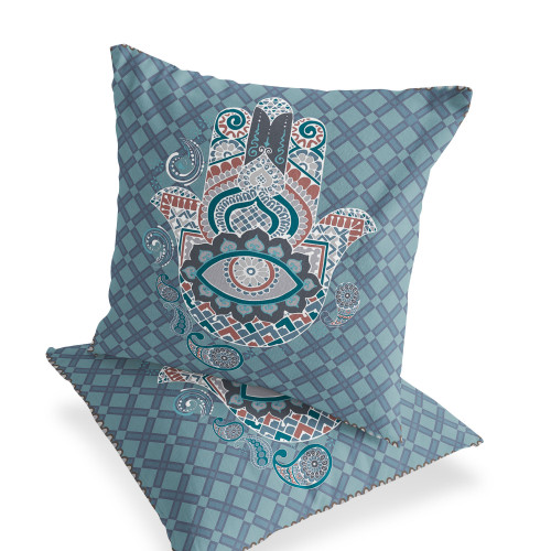 Set of Two Blue And Gray Hamsa Indoor Outdoor Throw Pillow