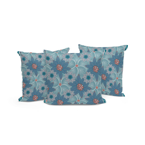 Set of Three Blue Botanical Indoor Outdoor Throw Pillow