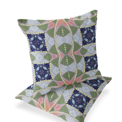 Set of Two Green Pink And Indigo Abstract Indoor Outdoor Throw Pillow