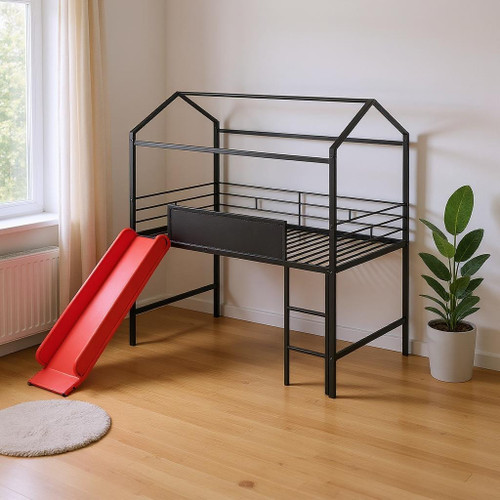 Black Canopy Metal Twin Loft Bed With Slide