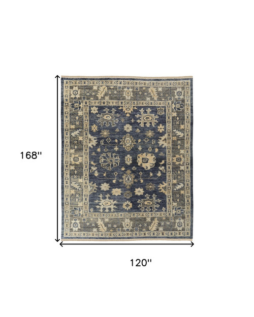 10' X 14' Blue and Gray Wool Floral Hand Knotted Area Rug With Fringe
