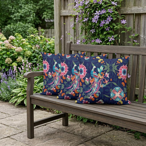 Set of Three Blue And Pink Peacock Floral Indoor Outdoor Throw Pillow