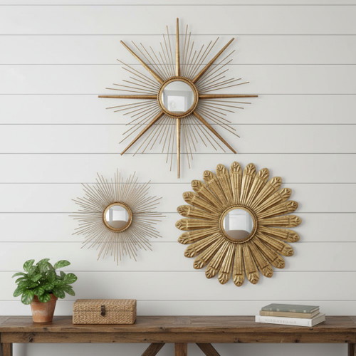 Set of Three Gold Metal Sunburst Geometric Framed Accent Mirror