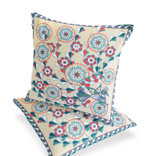Set of Two Off White Red And Green Peacock Floral Indoor Outdoor Throw Pillow
