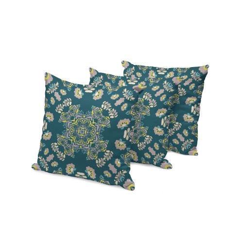 Set of Three Green And Yellow Botanical Indoor Outdoor Throw Pillow