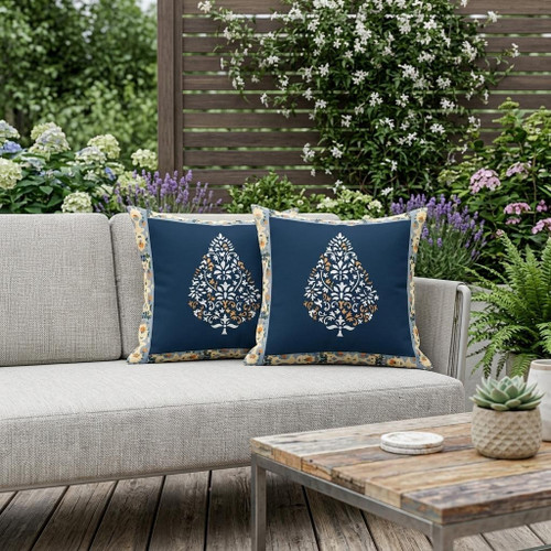 Set of Two White Orange And Navy Blue Botanical Indoor Outdoor Throw Pillow