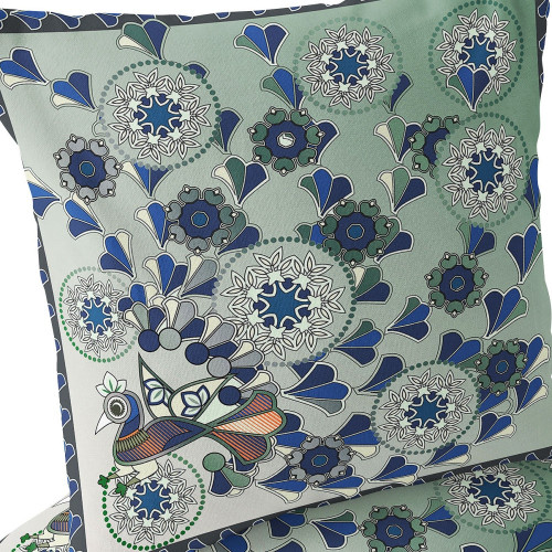 Set of Two Light Green And Brown Peacock Floral Indoor Outdoor Throw Pillow