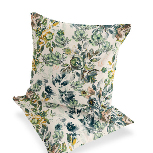 Set of Two White And Green Floral Indoor Outdoor Throw Pillow