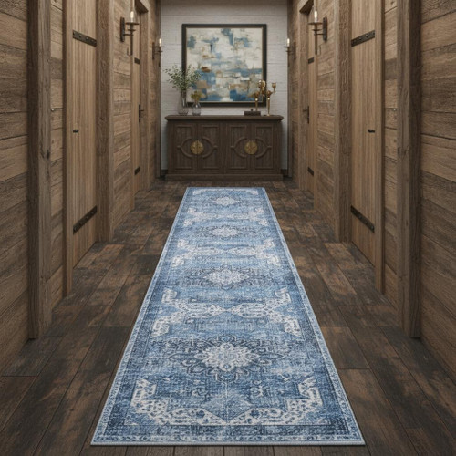10' Blue Floral Distressed Runner Rug