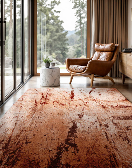 6' X 8' Orange Brown And White Abstract Washable Area Rug With UV Protection