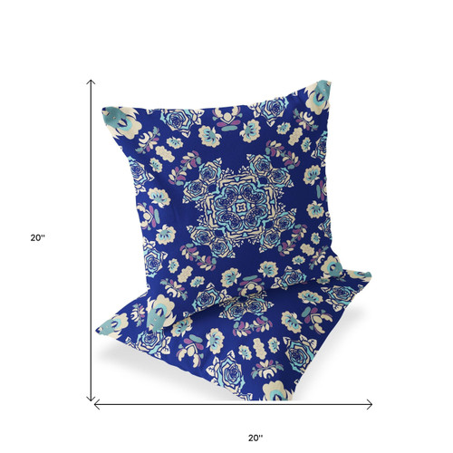 Set of Two Blue And Off White Botanical Indoor Outdoor Throw Pillow