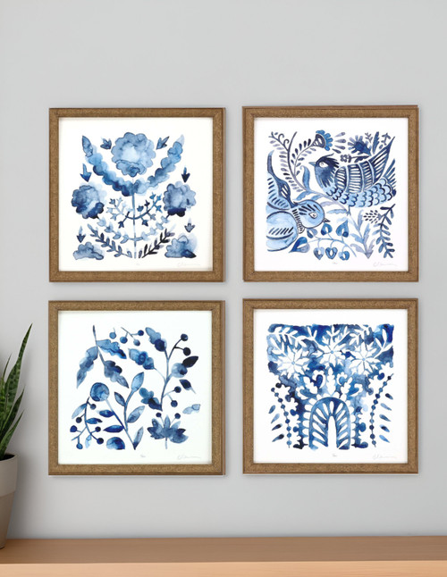 Set Of Four Indigo Ornament I Gold Framed Print Wall Art