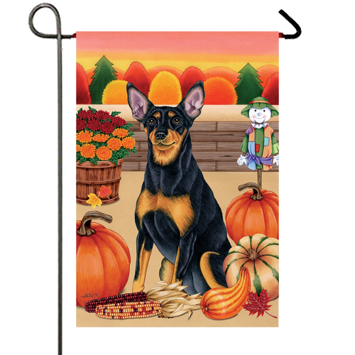 Miniature Pincsher  Black/Tan Cropped- Best of Breed Autumn Harvest Garden Flag 