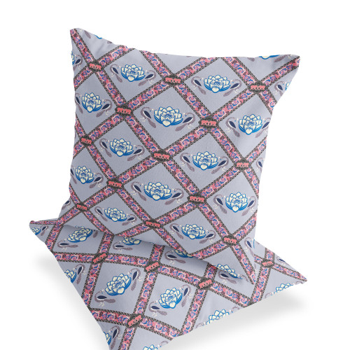Set of Two Gray Blue And Pink Floral Indoor Outdoor Throw Pillow