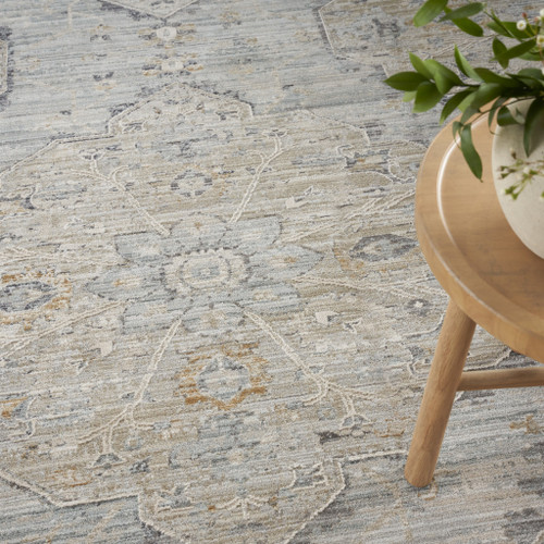8' Ivory Tan And Light Blue Floral Medallion Distressed Round Rug With Fringe