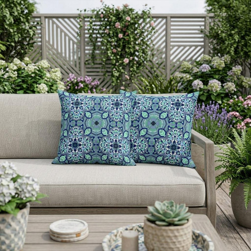 Set of Two Blue And Aqua Floral Indoor Outdoor Throw Pillow