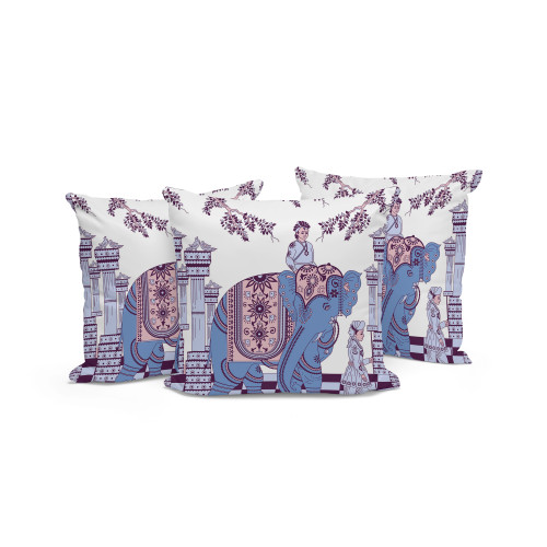 Set of Three Blue Purple And White Elephant Indoor Outdoor Throw Pillow