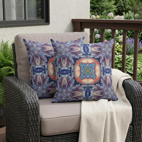 Set of Two Sky Blue Indigo And Peach Floral Indoor Outdoor Throw Pillow