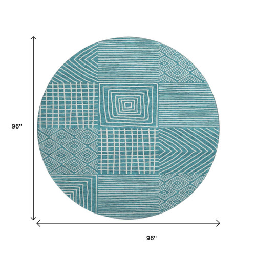 8' Teal And Ivory Geometric Washable Round Rug With UV Protection