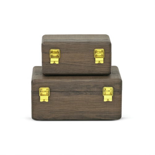 Set of Two Dark Brown Wood Hand Painted Decorative Box