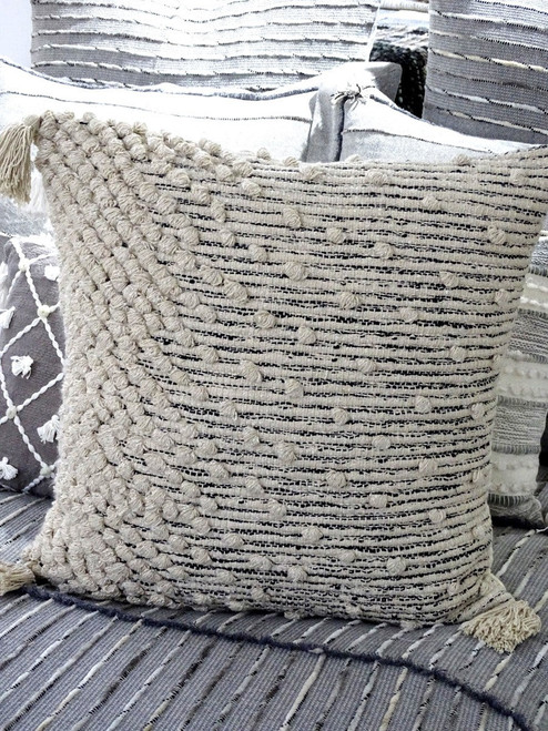 20" Beige Abstract Cotton Blend Throw Pillow With Embroidery and Tassels
