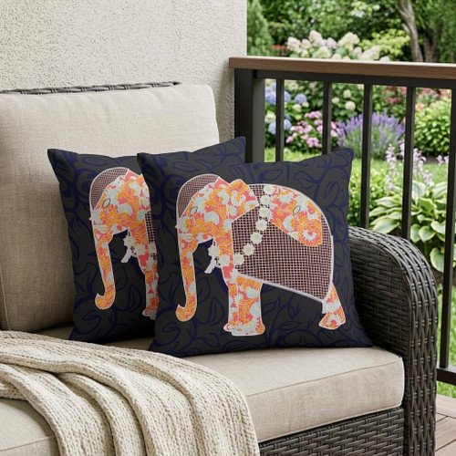 Set of Two Orange Green And Navy Blue Elephant Floral Indoor Outdoor Throw Pillow