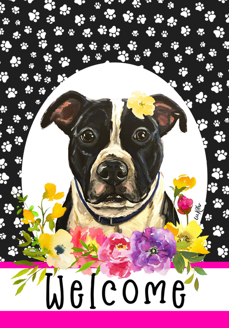Pit Bull Black/White - Hippie Hound Studios Paw Prints  House and Garden Flags
