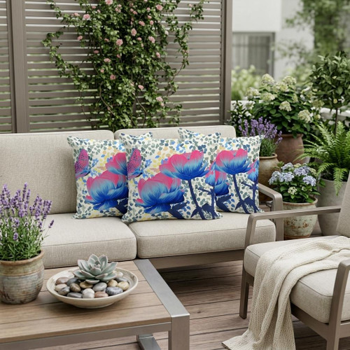 Set of Three Pink Blue And Cream Floral Indoor Outdoor Throw Pillow