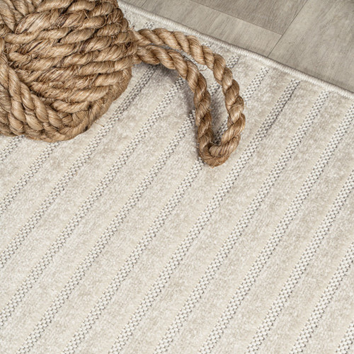 6' Ivory And Cream Round Striped Indoor Outdoor Area Rug