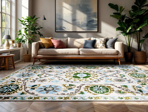 7' X 9' Cream Green And Blue Tribal Washable Area Rug With UV Protection