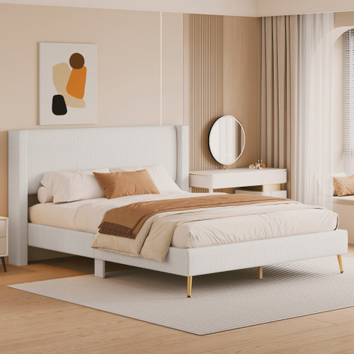 Beige Corduroy Upholstered Queen Bed Frame