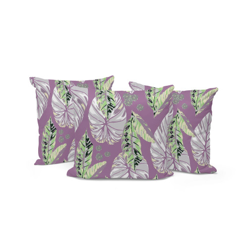 Set of Three Green White And Purple Botanical Indoor Outdoor Throw Pillow