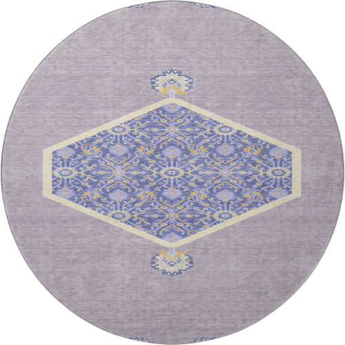 8' Lavender Blue And Gold Oriental Washable Round Rug With UV Protection