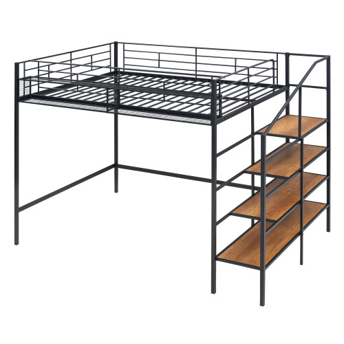 Black Platform Metal And Manufactured Wood Full Double Loft Bed with Shelves